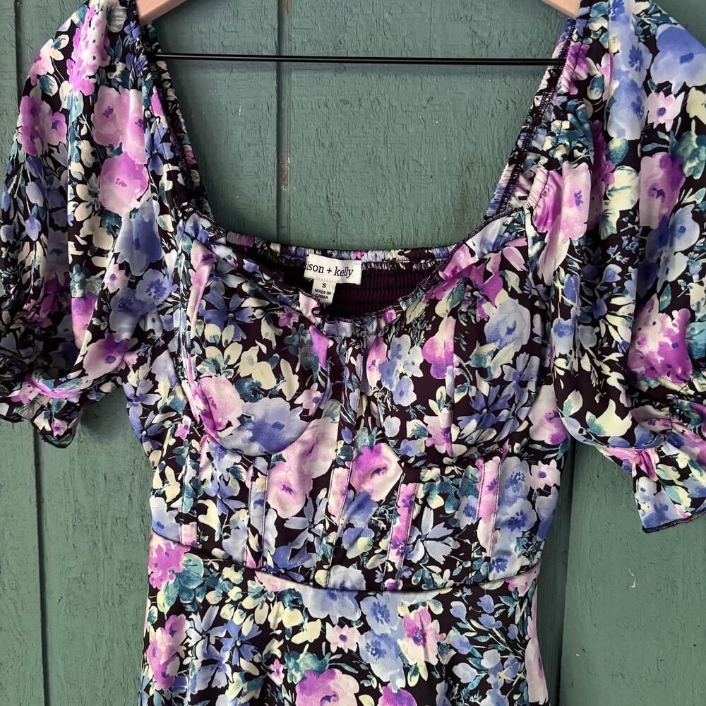 Coquette Corset Floral Puff Sleeve Tiered Mini Dress Sz S Romantic Cottagecore - Picture 3 of 7